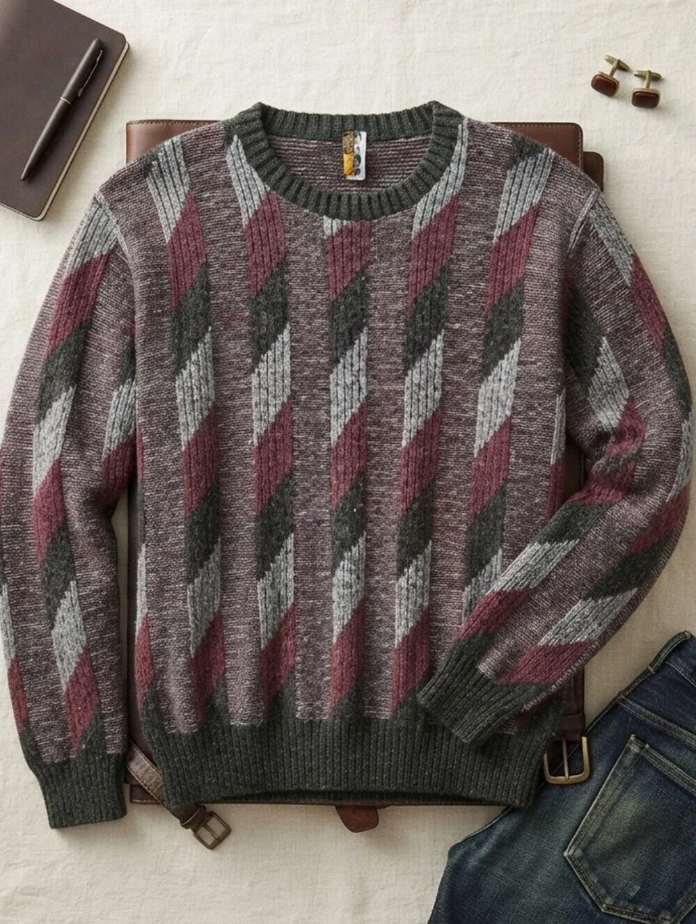 Vintage London Fog Red Gray Black Geometric Pattern Knit Long Sleeve Sweater